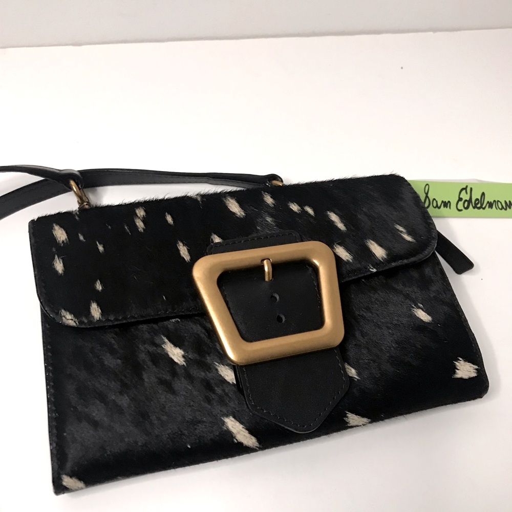 Sam Edelman DALLIE Black Genuine Leather Hair Calf Mini Shoulder Clutch Purse